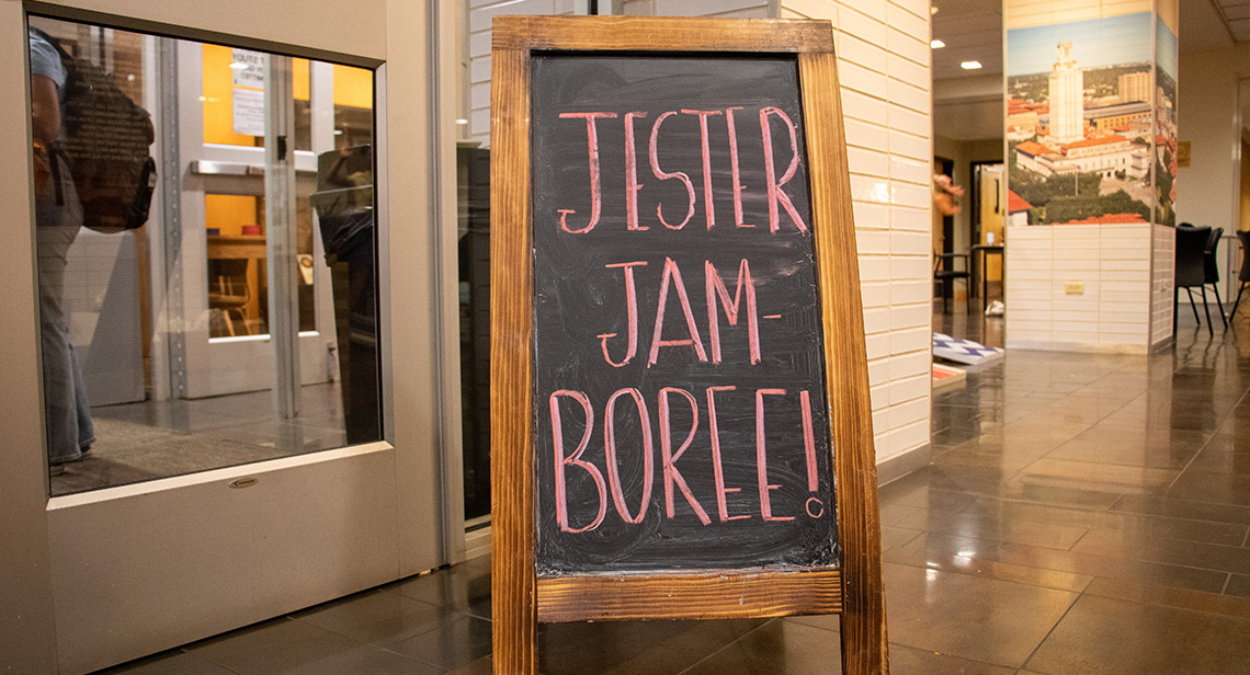 A chalkboard with “Jester Jamboree” written in chalk at Jester Center