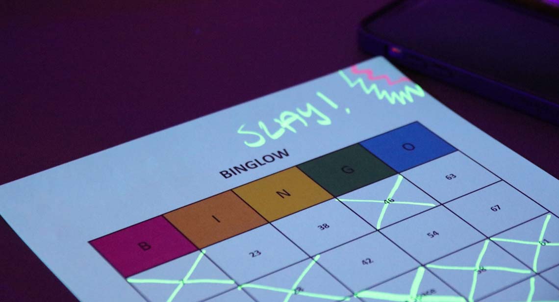 Binglow Event - bingo card with neon colors