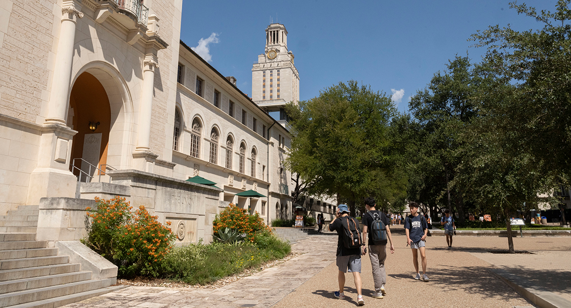 A view of the Texas Union with the UT Tower in the background