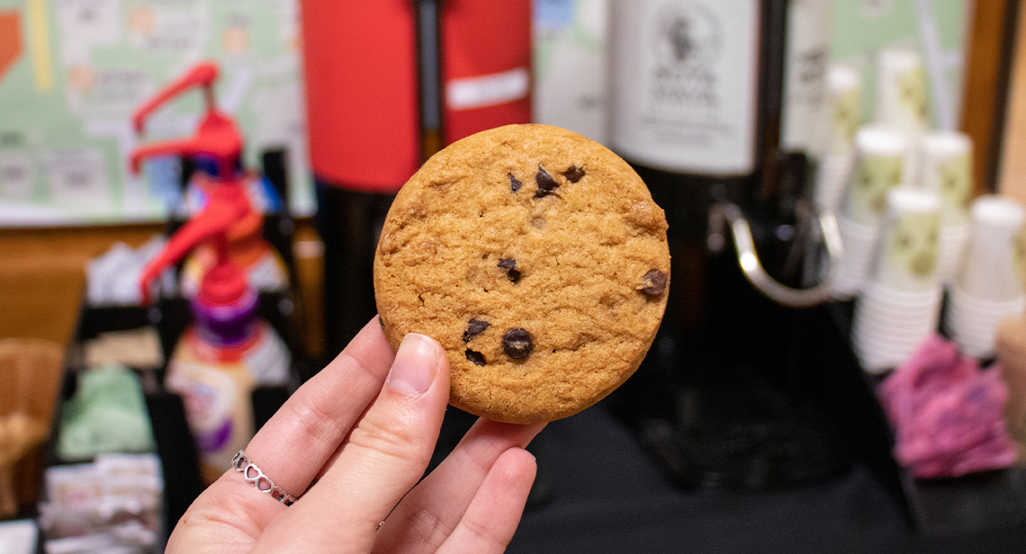 A close up view of a cookie at the Cookies and Caffeine event