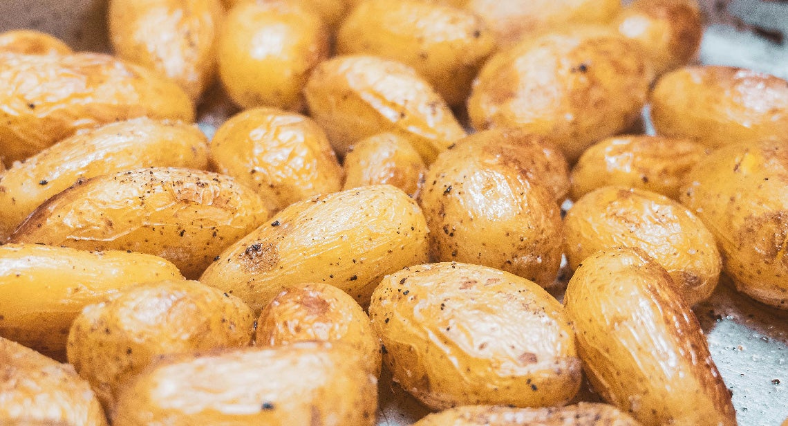 A close-up view of roasted potatoes.