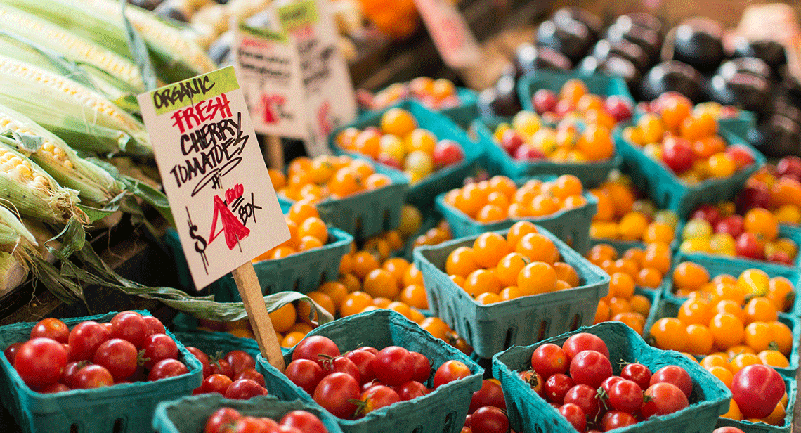 A display of tomatoes, corn and other produce