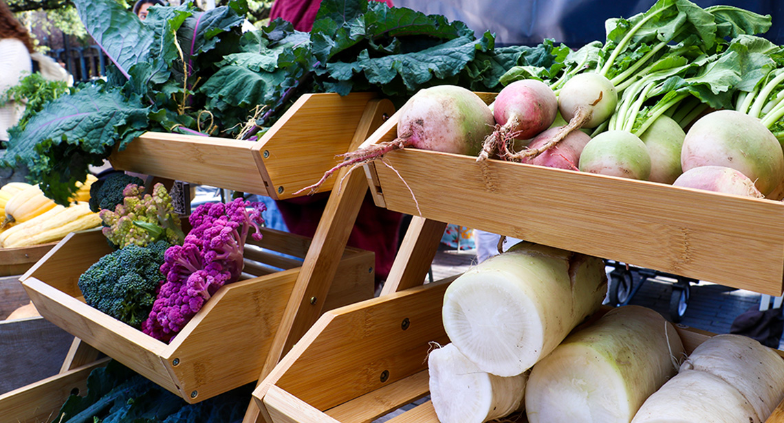 A display of various types of produce. 