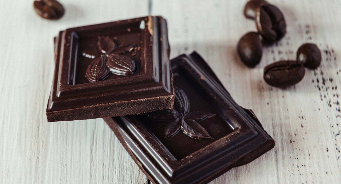 Coffee beans with two pieces of chocolate