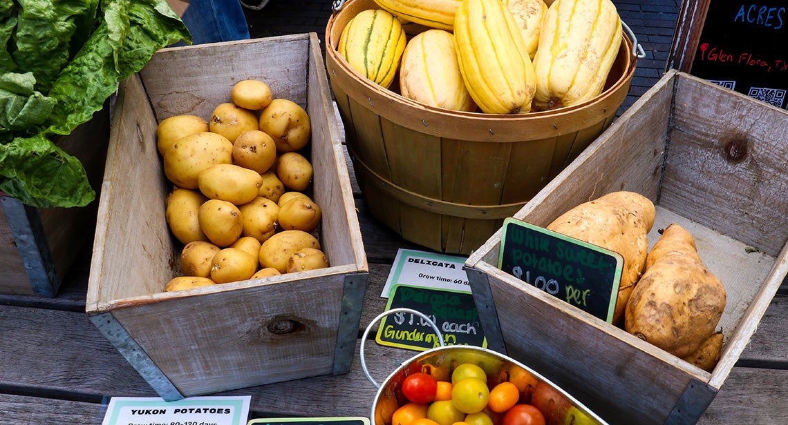 Decorative boxes of produce displayed at a UT Farm Stand Market