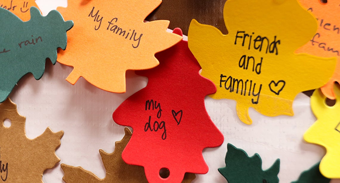 Leaves with messages of gratitude on the “Give Thanks Tree”.