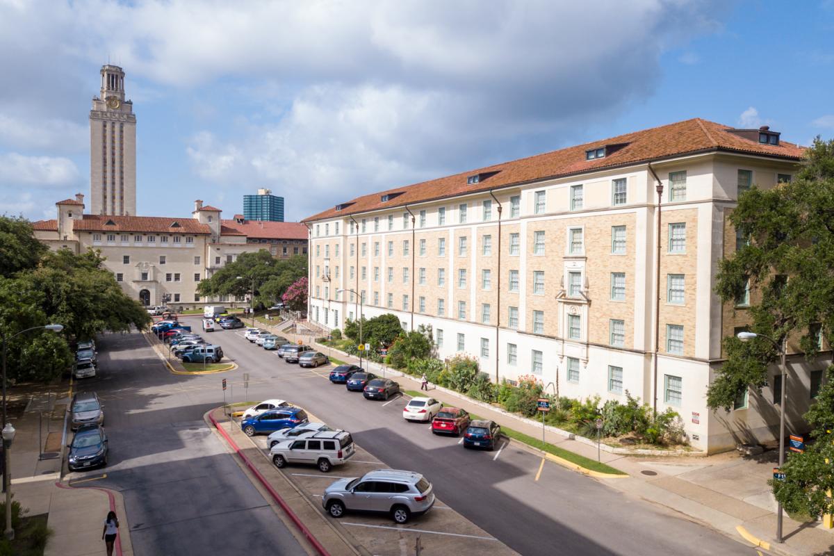 Blanton Residence Hall - view with UT tower
