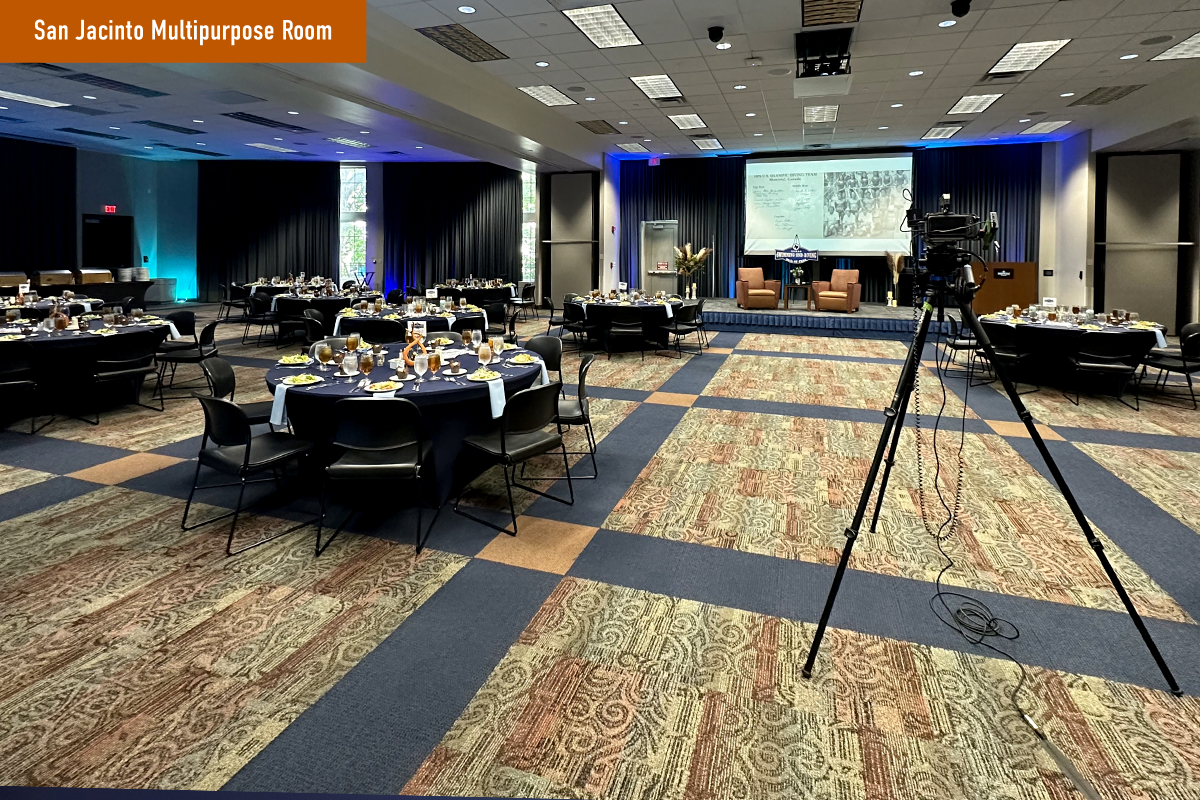 A room-wide view of an event set-up inside the San Jacinto Multipurpose Room.