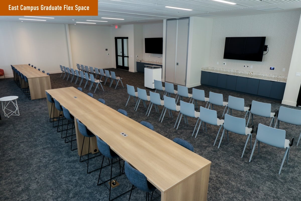 A room-wide view of an event set-up inside the East Campus Graduate Flex Space