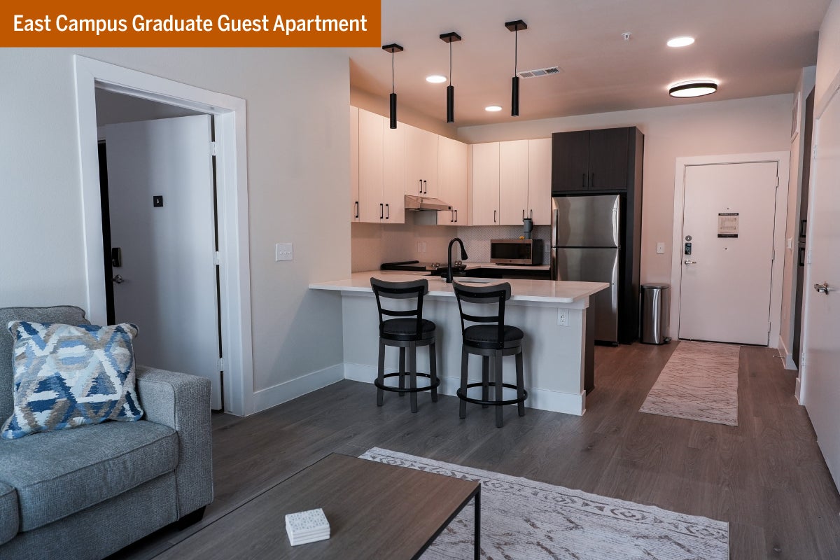 The living room and kitchen in an East Campus Graduate Guest Apartment