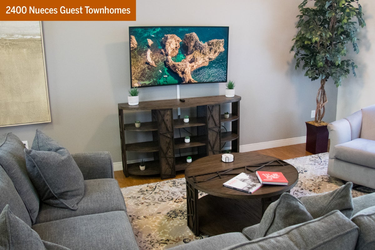 The living room in a 2400 Nueces Guest Townhome