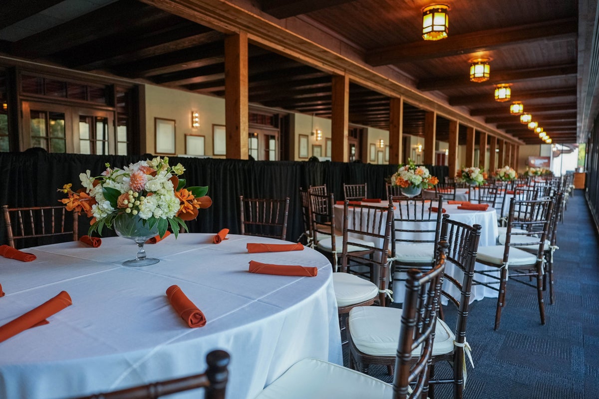 Banquet style seating setup inside of the Texas Union
