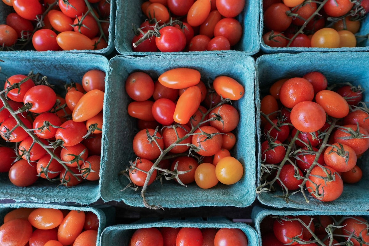 A close up of cherry tomatoes in baskets