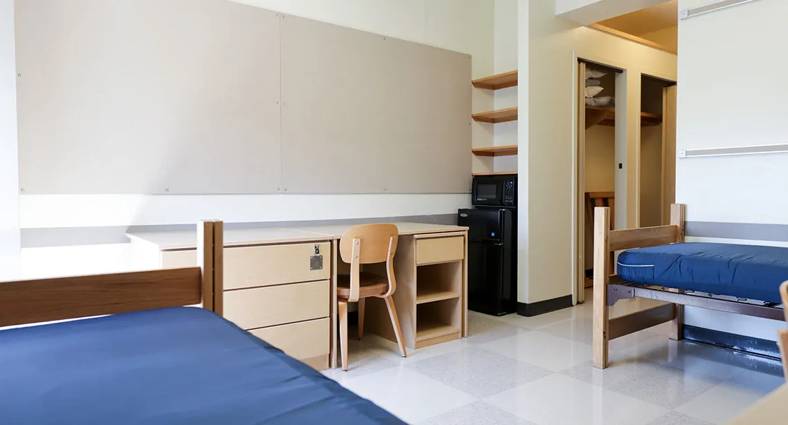 A view of a residence hall room in San Jacinto Hall. A view of a residence hall room in San Jacinto Hall.