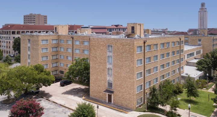 Sky view of Kinsolving Hall on UT Austin campus